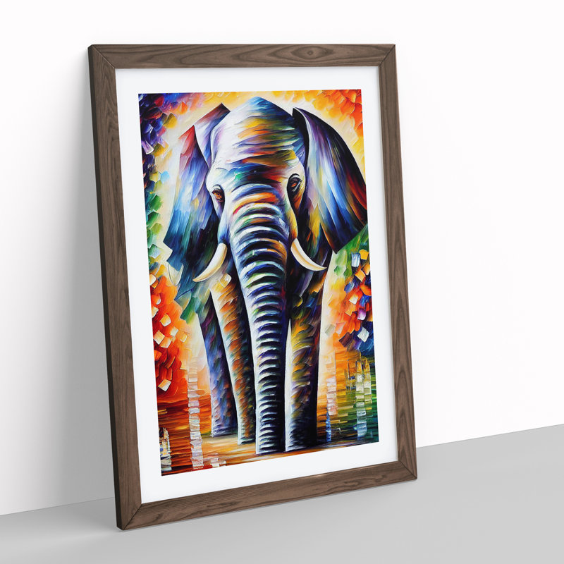 Colourful Elephant No.3 - Wall Art, 36cm H x 27cm W x 2cm D, Walnut Framed, White