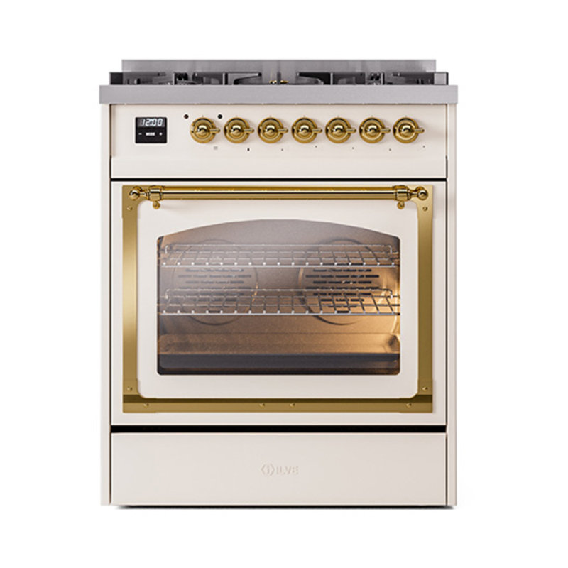 ILVE Nostalgie II Noblesse 30 in Dual Fuel Range, Antique White/Brass, Natural Gas