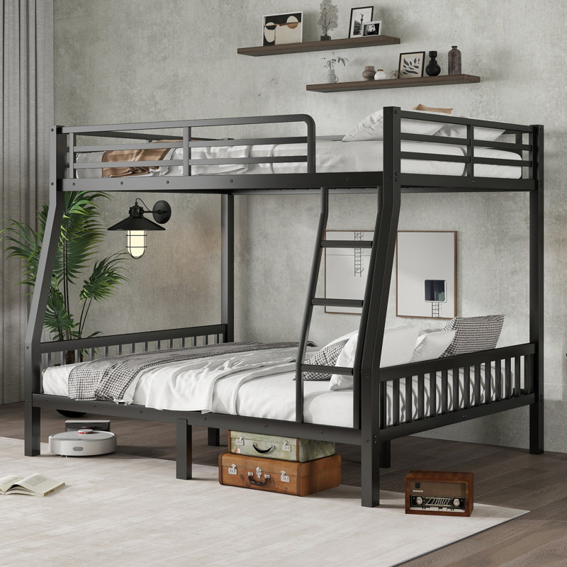 Full XL over Queen Metal Bunk Bed with Ladder & Slat Support, Heavy-Duty Sturdy Space-Saving Bed for Teens & Adults, Black