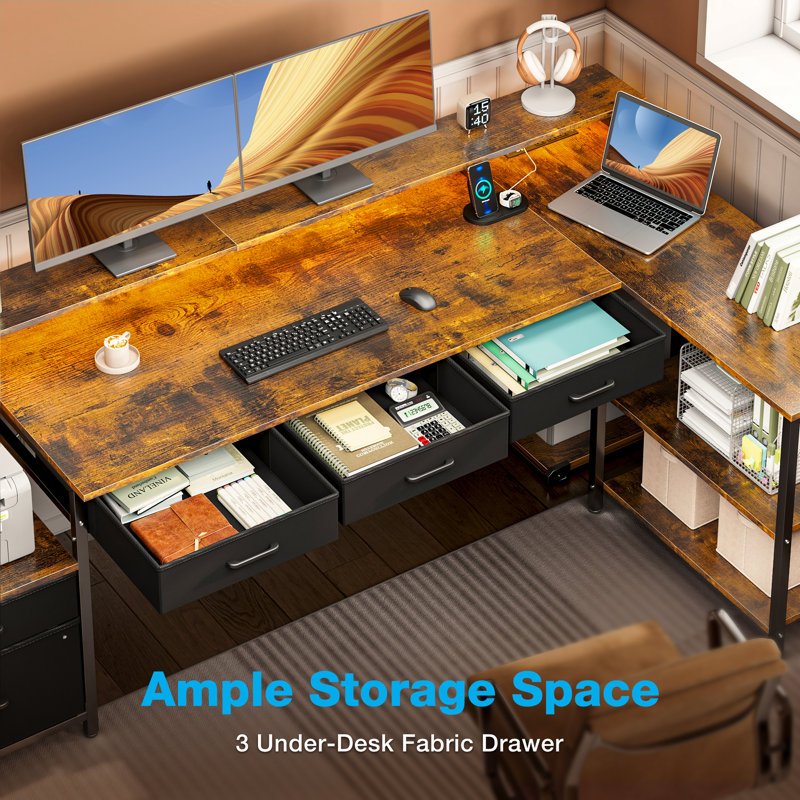L-shaped Desk With Under-desk Drawers,computer Desk With Cabinet ,reversible Desk Power Sockets & Led Light Strips,home Office Desk With Monitor Stand