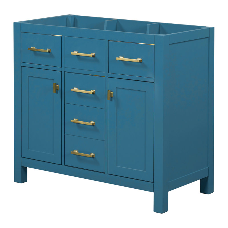 Armoire de salle de bain moderne 36 po - Bleu, bois massif, 4 tiroirs, 2 armoires, bois imperméable et portes