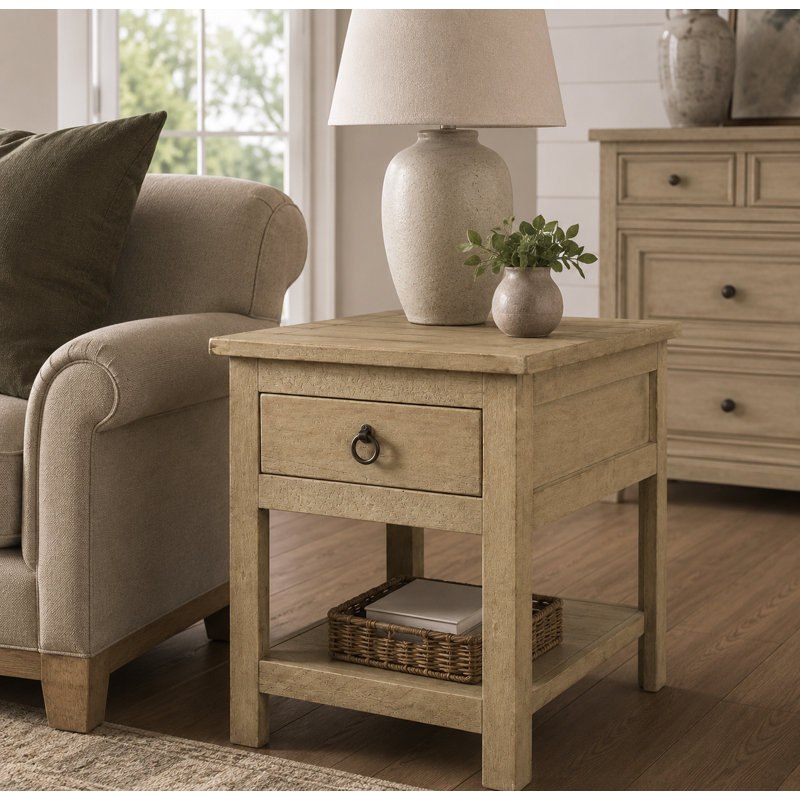 Canales Solid Wood End Table with Storage, Rustic Green