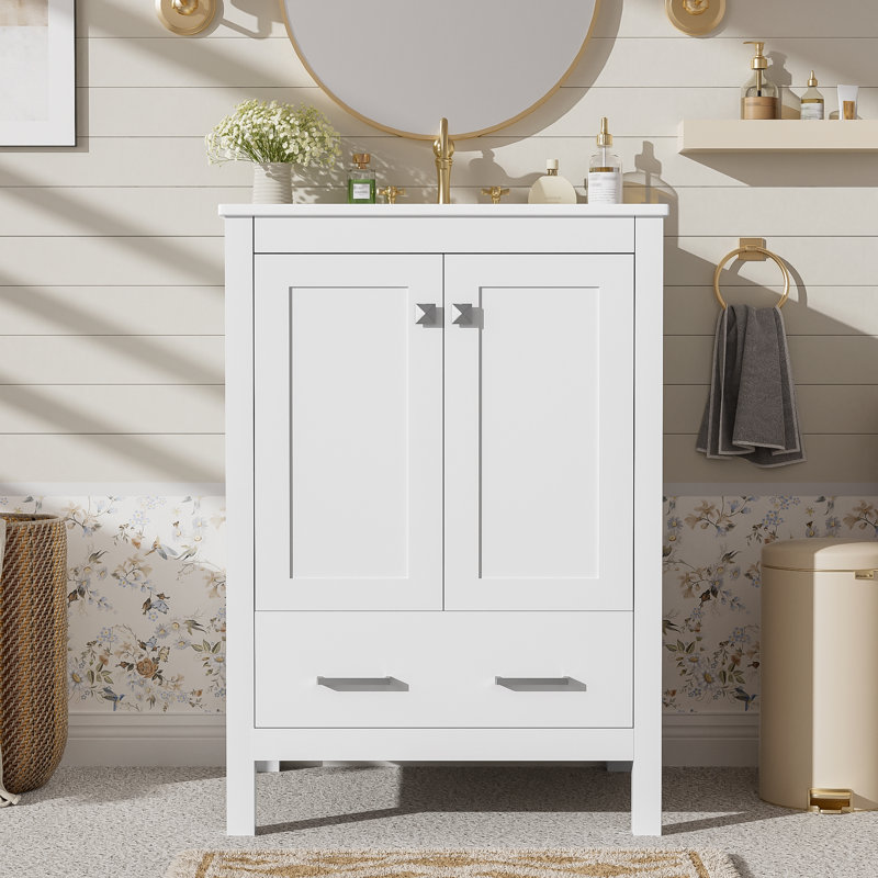 24" Single Bathroom Vanity With Ceramic Top, White