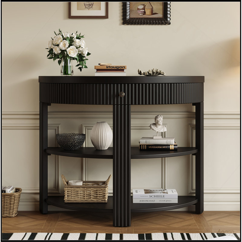Console demi-lune cannelée TREXM avec tiroir et 2 tablettes pour entrée, salon et couloir (noir), Noir
