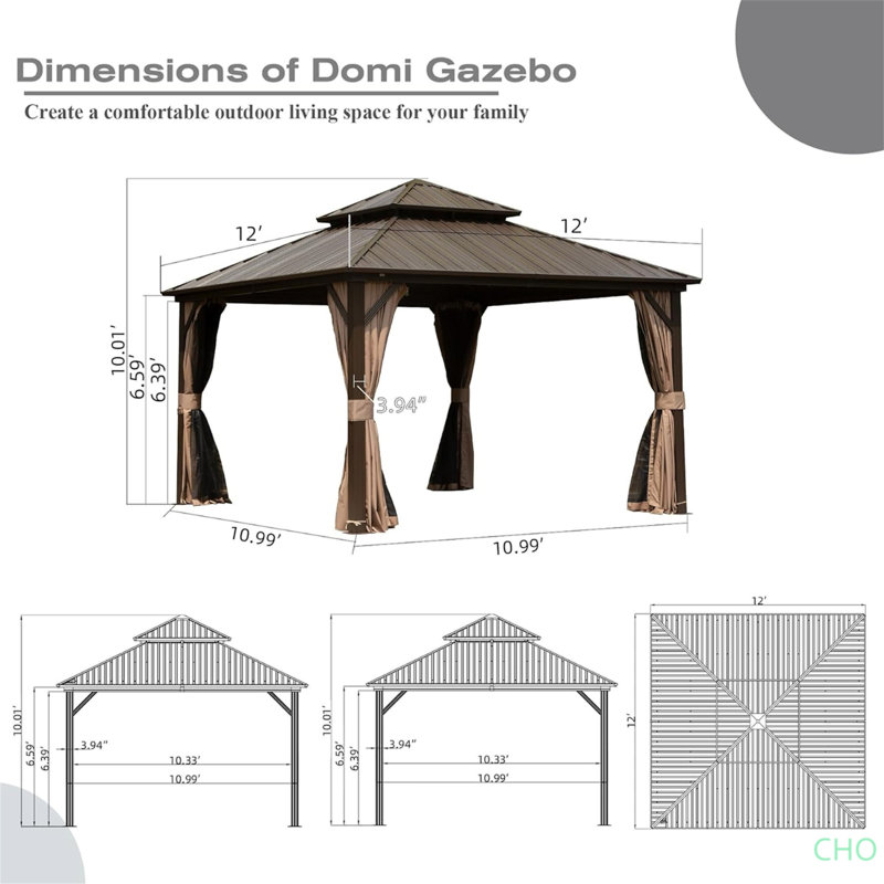 Hardtop Gazebo, Aluminum Metal Gazebo With Galvanized Steel Double Roof Canopy, Curtain And Netting, Permanent Gazebo Pavilion For Party, Wedding, Outdoor Dining