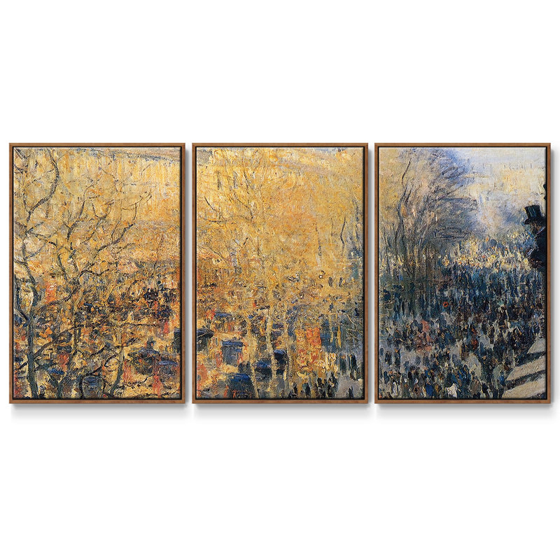 Boulevard Des Capucines, 1883 02, reproduction sur toile 3 pièces, H 24 po x l 48 po, Cadre noyer