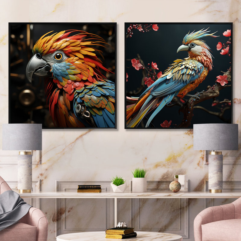 Ensemble de 2 oiseaux oiseaux expressionnistes, Cadre flottant noir, H 16 po x l 33 po
