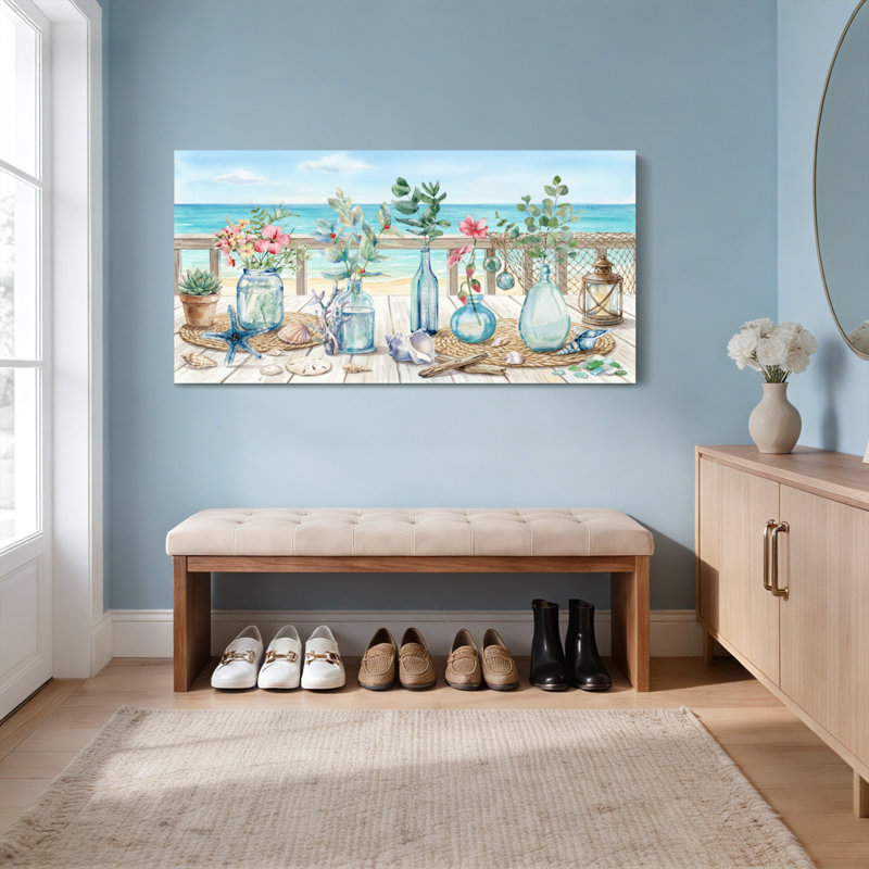Tableau sur toile représentant une scène de plage avec des bouteilles en verre et des fleurs (lot de 1), 3216