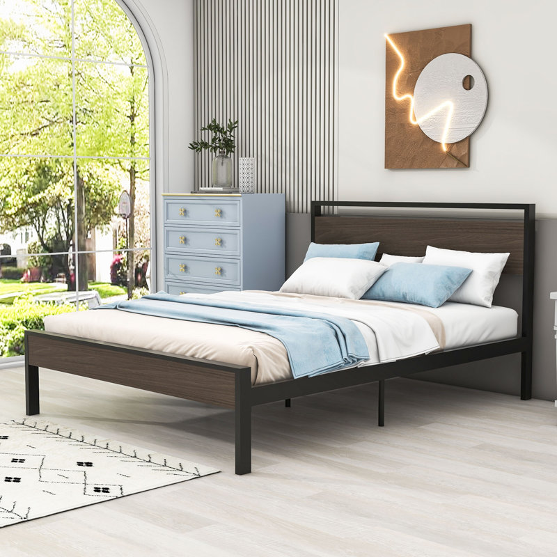 Buruk Metal Bed with Headboard, Queen, Black/Walnut