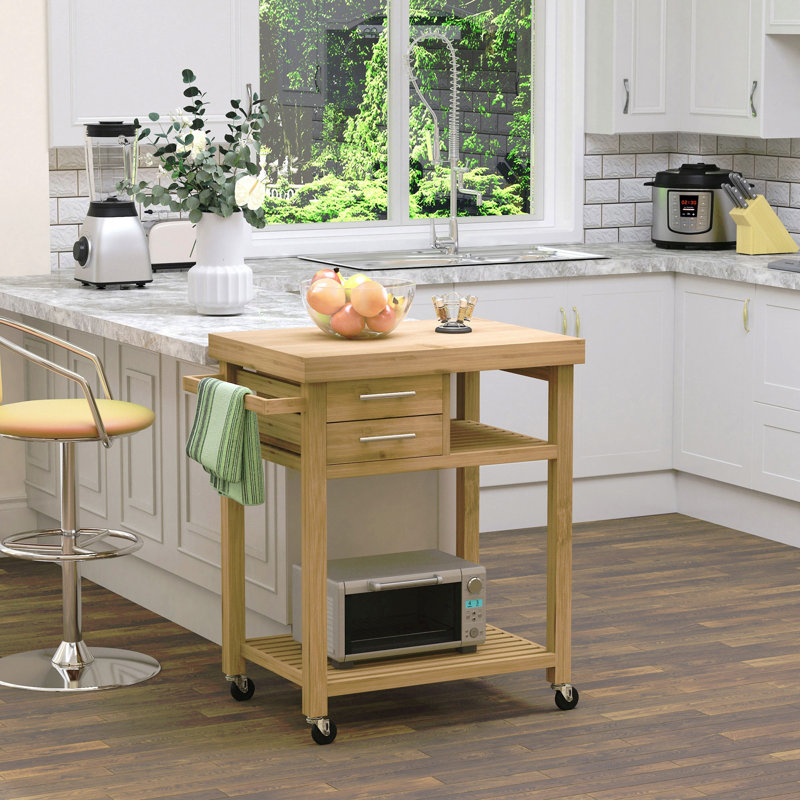 Îlot de cuisine en bambou sur roulettes, chariot utilitaire avec 2 tiroirs de rangement et tablettes ouvertes, ton bambou