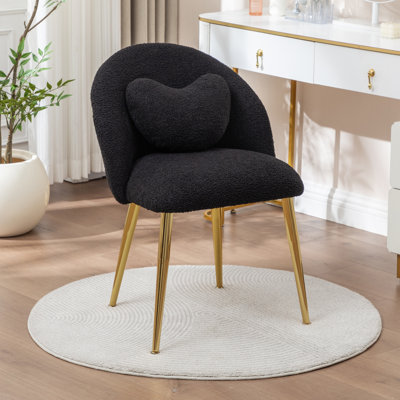 Fauteuil de coiffeuse Teddy avec dossier et coussin, jolie petite chaise de bureau confortable sans roulettes, fauteuil de maquillage noir confortable avec pieds dorés réglables
