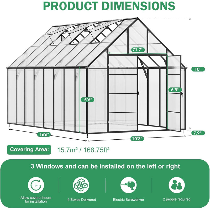 10X16 FT Walk-In Polycarbonate Greenhouse With Aluminum Frame, Lockable Door & Ventilation Window, Green House For Outdoors