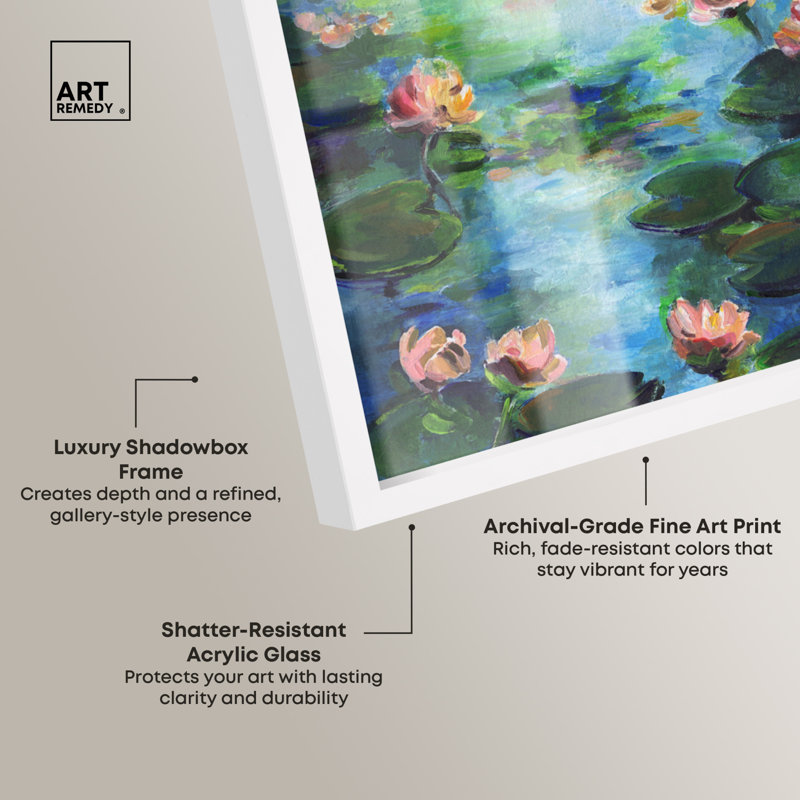 «Aqua Lily Landscape & Nature», grande reproduction d'ombre surdimensionnée 1 pièce par Art Remedy, cadre blanc, 60 x 48