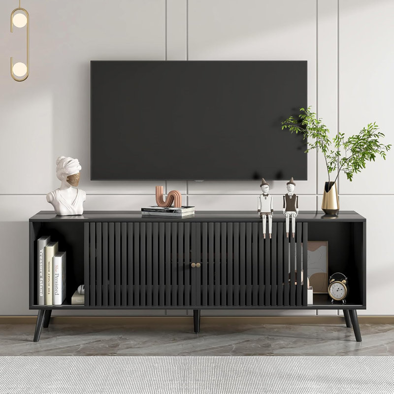Black Mid-Century Modern TV Stand with Sliding Doors and Storage