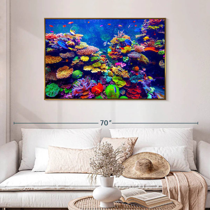 Paysage vibrant sous l'eau, 46 po x 31 po, Cadre flottant doré