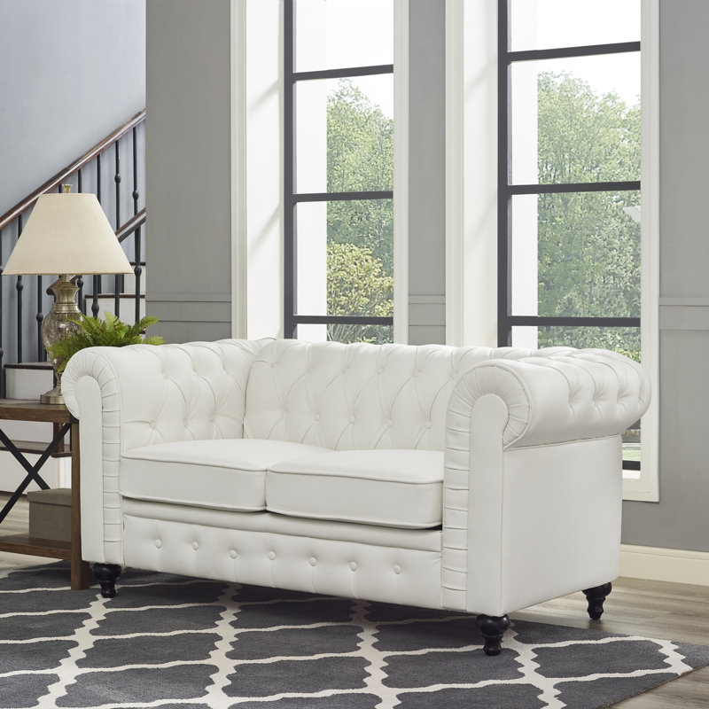 Arlisa 2 Piece Living Room Set Air Leather Chesterfield Button Tufted Couch Set with Loveseat and Sofa, White Faux Leather