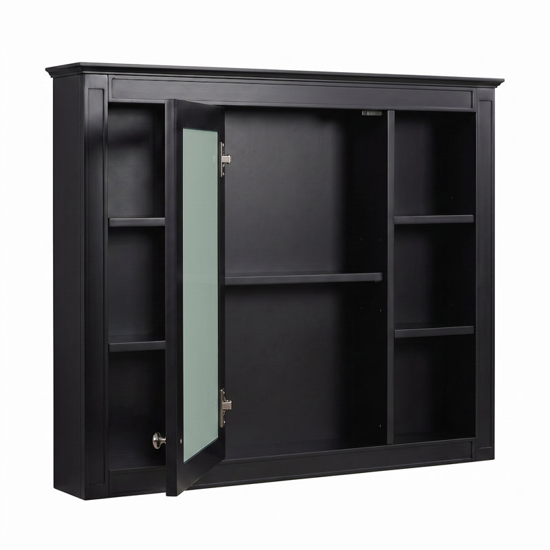 Armoire à pharmacie rectangulaire en panneau de fibres à densité moyenne 35 po avec miroir et 6 tablettes ouvertes, Noir