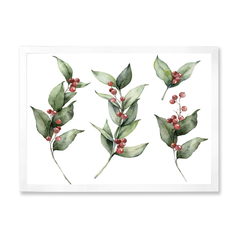 Ensemble de Noël avec branches et Berrie rouge - Peinture sur toile, H 30 po x l 40 po x 1,5 po, Cadre photo blanc