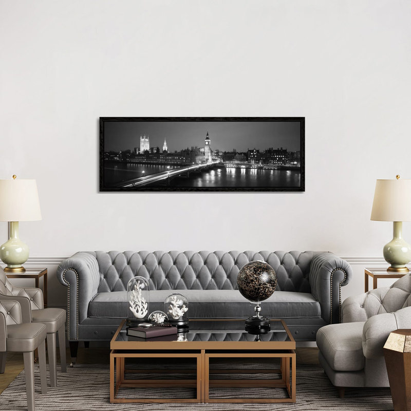 England, London, Parliament, Big Ben (black & White) by Panoramic Images - Floater Frame Panoramic Gallery-Wrapped Canvas Giclée on Canvas