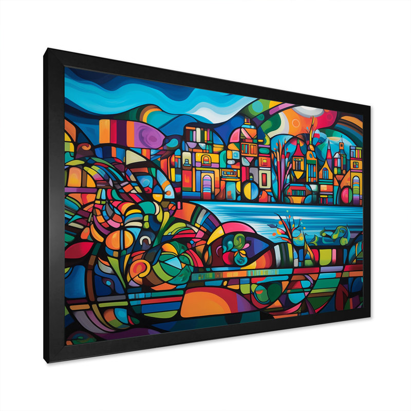 «Blue and Red Cityscape Unveile», reproduction d'art sur toile, Cadre photo noir, H 12 po x l 20 po x P 1 po