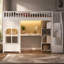 Lit mezzanine simple avec escalier de rangement, DEL, USB, panneau de fenêtre décoratif et tablettes ouvertes intégrées, blanc-292772376-292772377