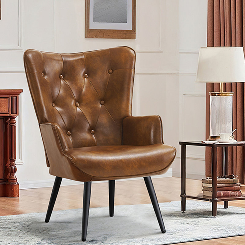 Nalupatio Faux Leather Wingback Chair Mid-century Armchair, PU Leather Upholstered Tufted Button Chairs, Living Room Reading Wingback Armchair, Side Chair for Living Room Bedroom, Brown