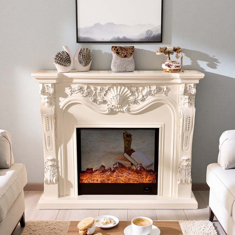 European Elegant Decorative Fireplace, 43.31" H x 51.18" W x 12.99" D, White