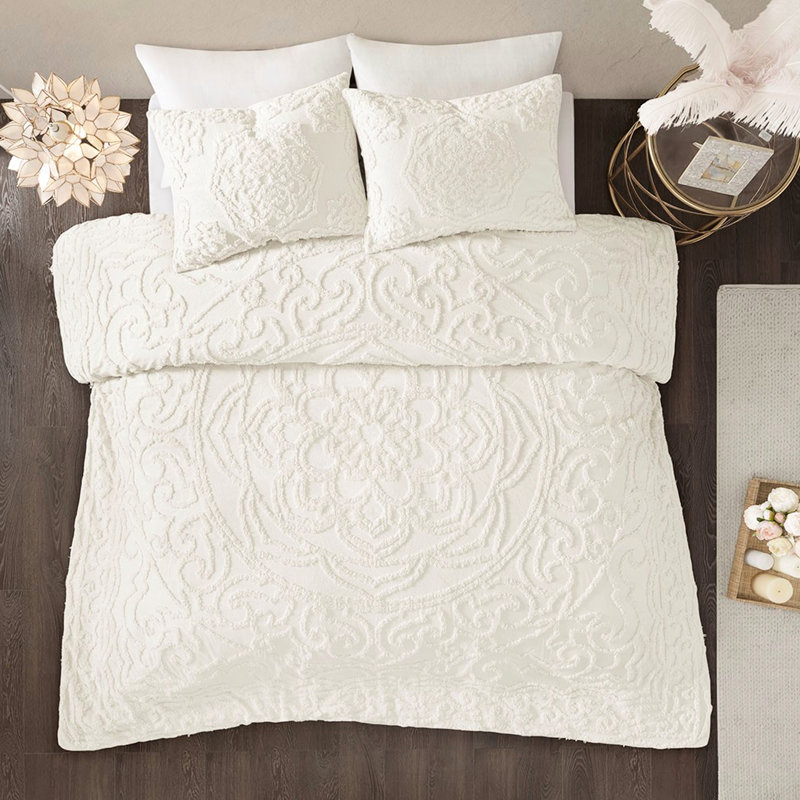Édredon 3 médaillons en coton chenille, Édredon très grand + 2 taies décoratives, Blanc