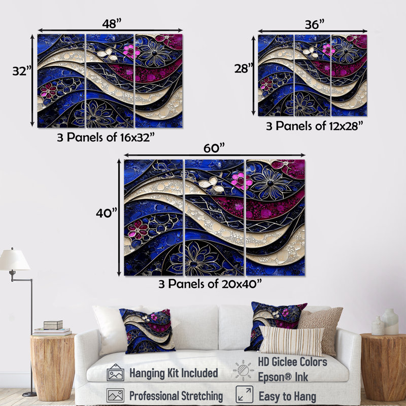 Mauve et bleu, fractale moderne, vagues I, Toile tendue, H 28 po x l 36 po x P 1 po