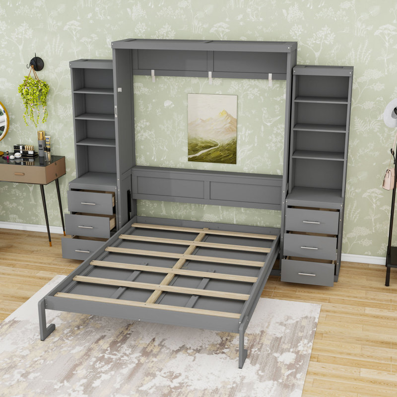Lit escamotable 6 tiroirs en bois avec tablettes ouvertes, Gray, Queen