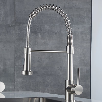 Commercial Kitchen Sink Faucet With Pull Down , Brushed Nickel, Single Handle, 360 Rotatable Ring Faucet, Nickel Finish, Handle Lever, Degree Spout