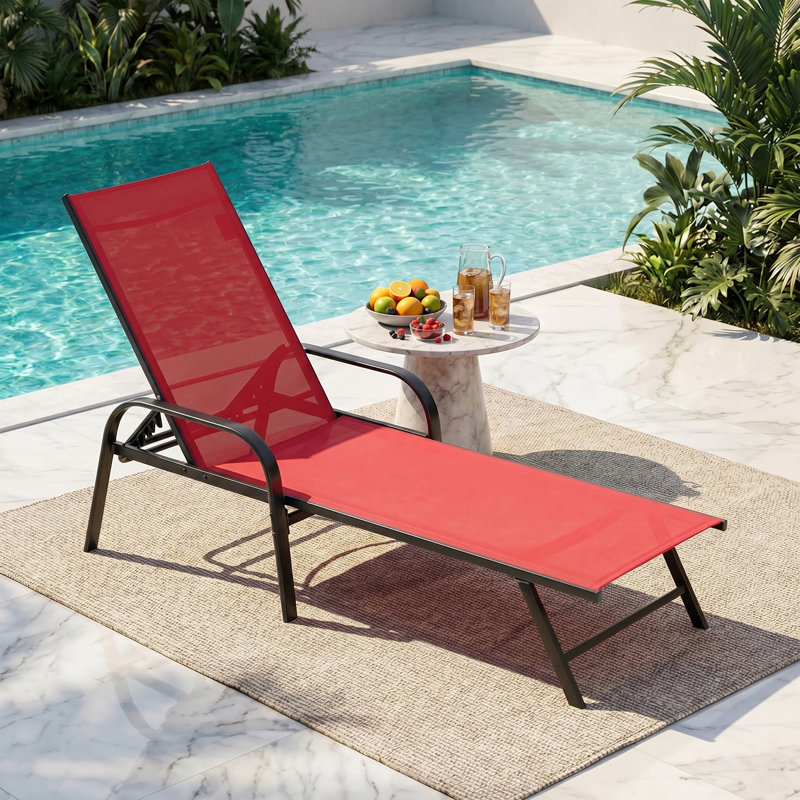 Outdoor Folding Chaise Lounge Chair Portable Recliner W/ 5 Positions & Pillow For Lawn, Beach, Red