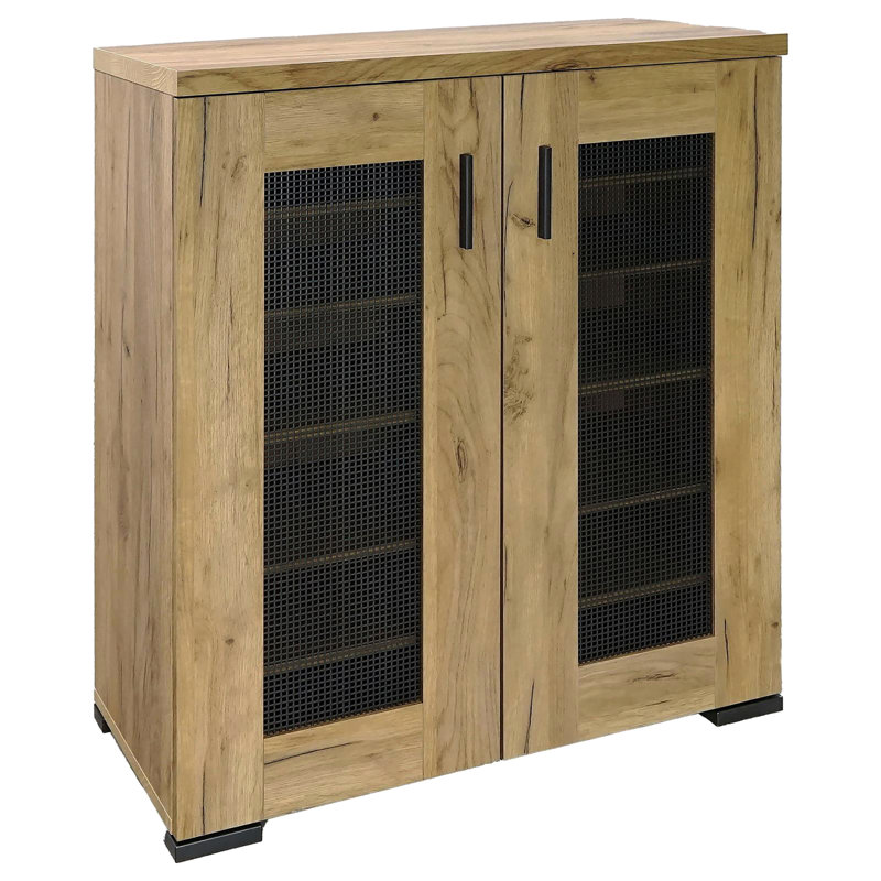 Golden Oak Storage Cabinet With Mesh Doors - Ideal Shoe For All Locations, 6 Compartments, 4 Adjustable Shelves, Rustic Look Screens Neat Feel