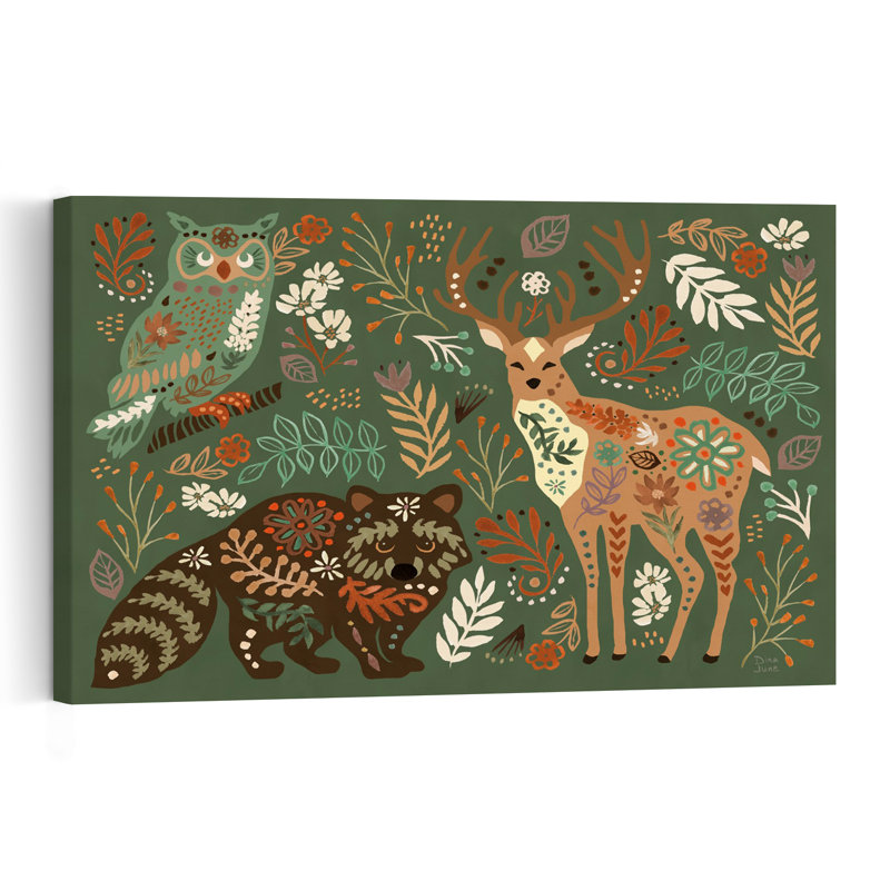 Wooded Hideaway II Abstract Contemporary Bird Deer Owl Wildlife Wall Art Print 1 Piece Wrapped Canvas Wall Art