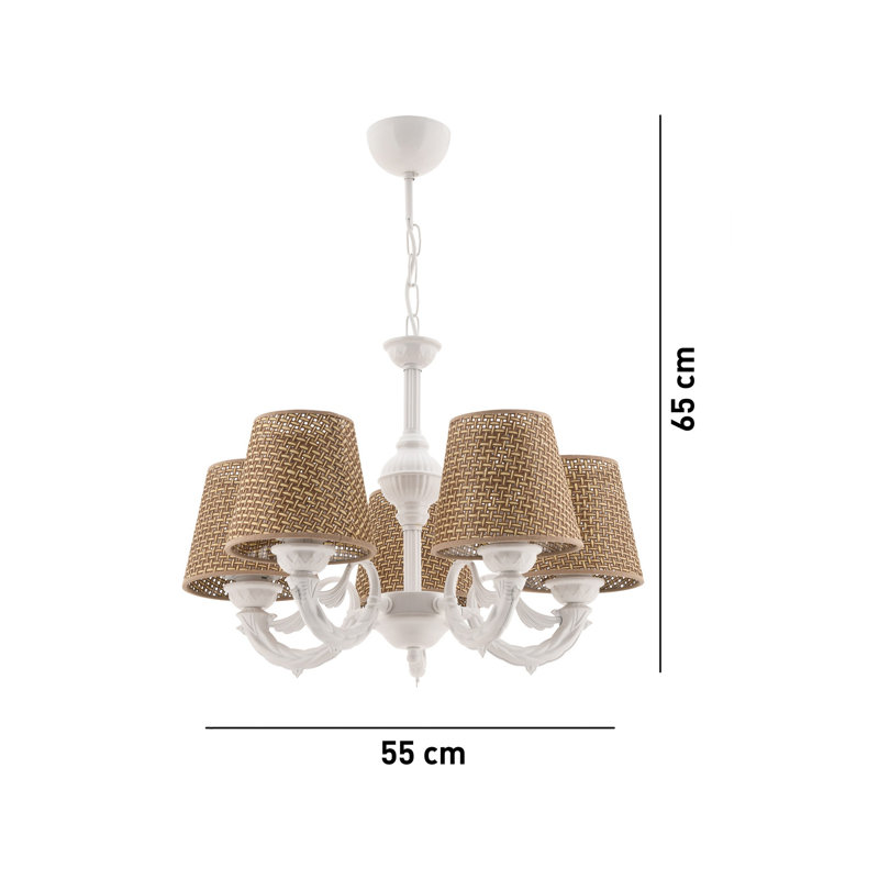 Lustre élégant en métal, finition naturelle et blanche, 25,6 po x 21,7 po x 25,2 po | 5 x douilles E27 (40 W maximum) | Parfait pour la salle à manger et les espaces de vie, conception élégante, capuchon en tissu durable, indice de protection IP20, ampoule non incluse