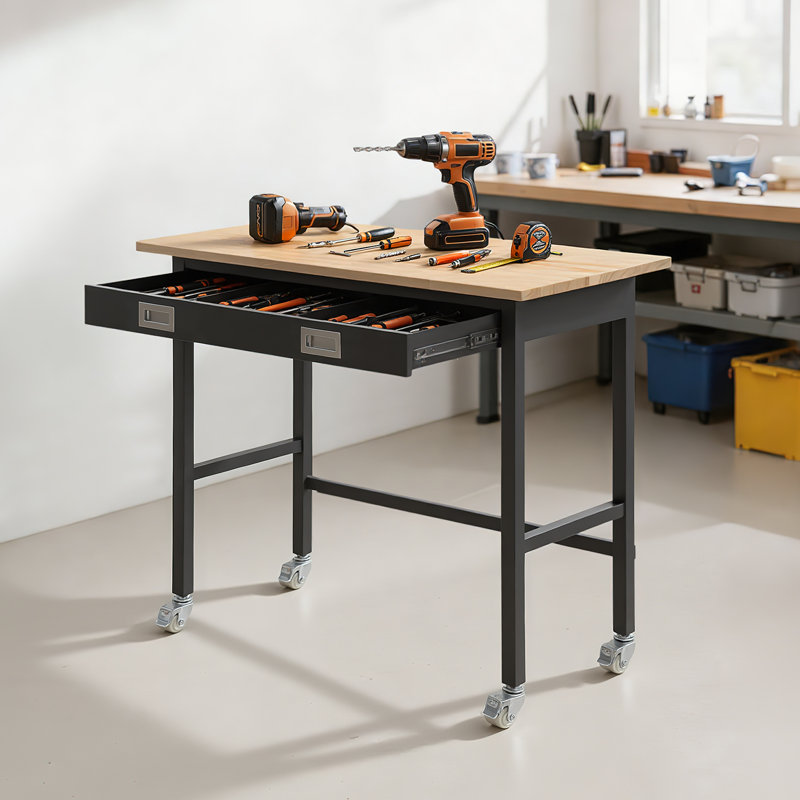 Établi de 48 po, capacité de charge de 1500 lb, établi de garage avec rangement et roulettes, banc d'atelier sur roulettes, table de travail en bois de chêne robuste pour le garage, l'atelier, le bureau et la maison
