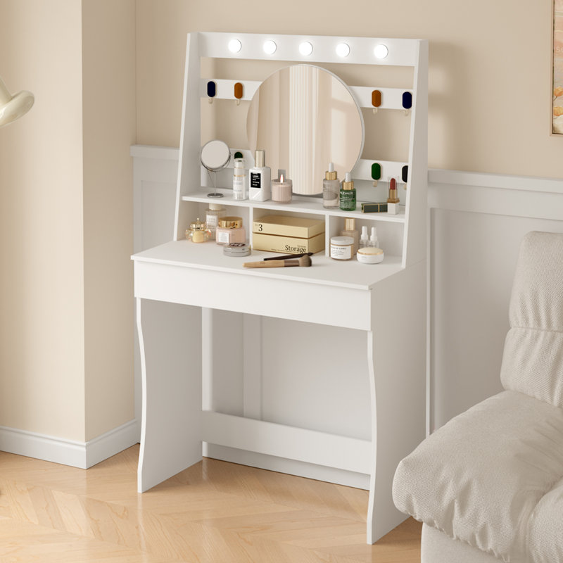 Tamme Modern Dressing Table with Lighted Round Mirror & Storage, Compact Vanity Desk, White