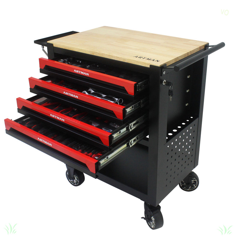 Chariot à outils multifonctionnel 4 tiroirs avec plateau en bois