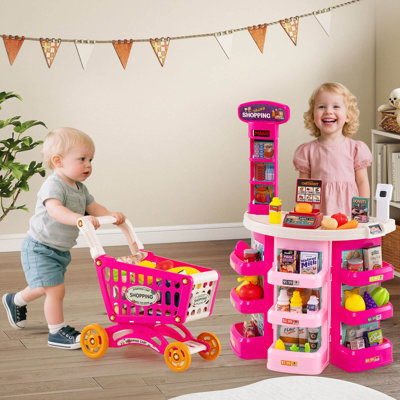 76 PCS Pretend Play Grocery Store Set with Shopping Cart Scale Scanner Light Sound Pink
