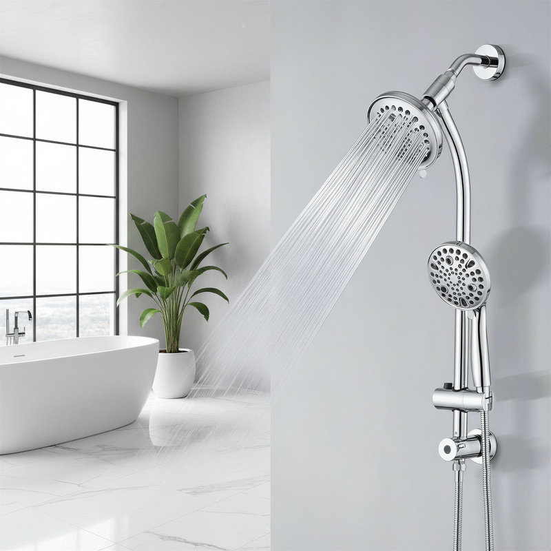 Ensemble de douche à double pommeau haute pression, pommeau de douche effet pluie avec douchette à main, barre de douche coulissante sans perçage de 66 cm, flexible de 1,5 m et inverseur à 3 voies, chromé, robinetterie non incluse
