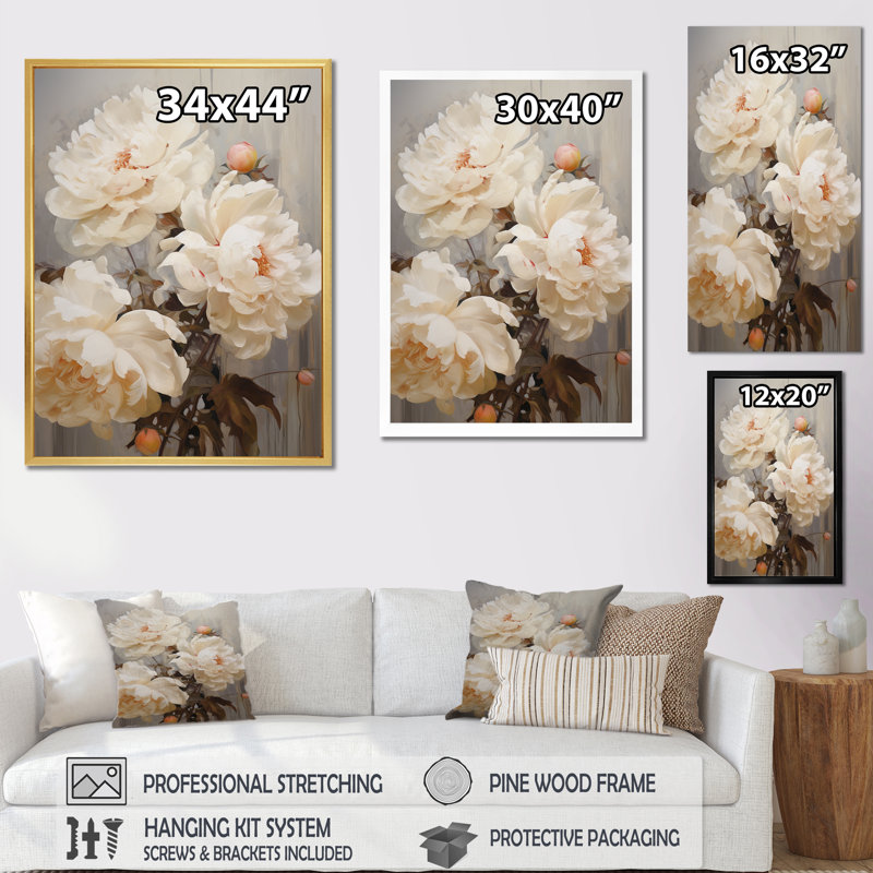 Pivoine parfumée beige IV sur toile, H 40 po x l 30 po x P 1,5 po, Cadre photo argenté