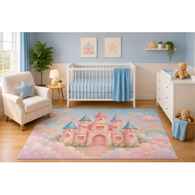 "Ultra Lightweight" 5'x7' Princess Castle Area Rug for Nursery Room, Fairytale Rainbow Clouds and Stars Design for Baby Girl Bedroom Playroom Decor, Non-Slip Silicone Backing Low Pile