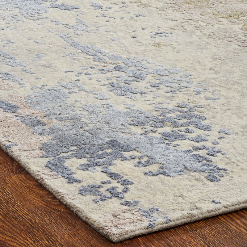 Hand Knotted Abstract Area Rug in Blue/Tan, Rectangle 2' x 3'