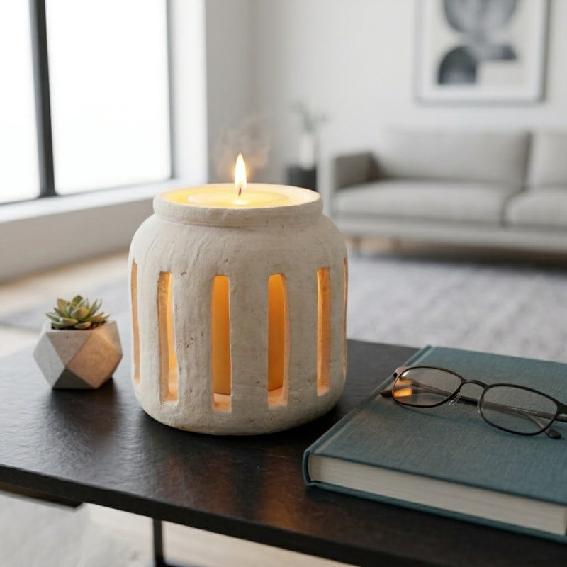 Decorative Round Lantern Hurricane With Vertical Open Slats - Modern Decorative Candle Holder For Tabletop Styling And Inspired Display - 8", White