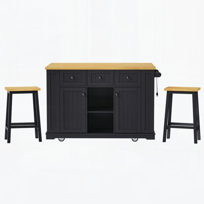 53Inch Large Kitchen Island With 2 Bar Stools, Power Outlet,Door Internal Storage Rack, Kitchen Storage Cart On 5 Wheels With Drop Leaf, 5 Open Side Racks, 3 Drawers