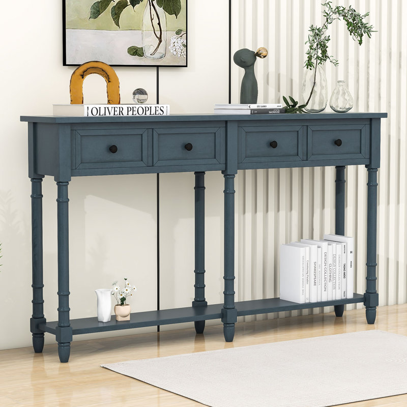 Deyja Wood Console Table with Storage Drawers and Shelf for Entryway and Living Room, Antique Navy