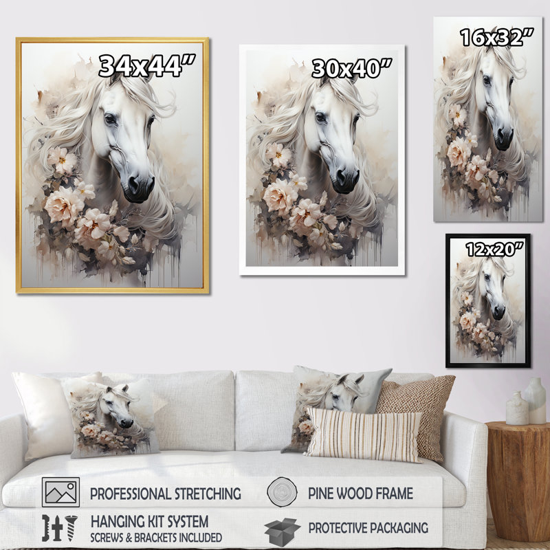 Fleur majestueuse, cheval I - art mural cheval, Cadre flottant noir, H 32 po x l 24 po x P 1 po