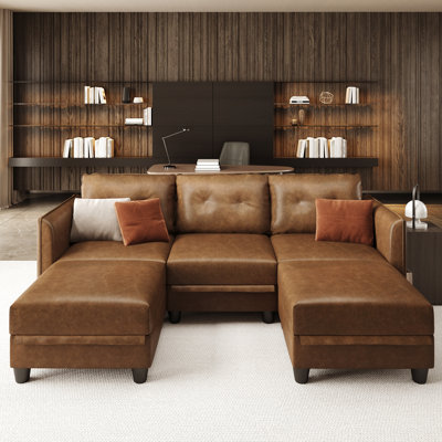 Modular Sectional Sofa With Storage, Modern Brown Faux Leather, Reversible Chaise, U Shaped Couch For Living Room, Waterproof & Easy Clean, Seats With 2 Ottomans