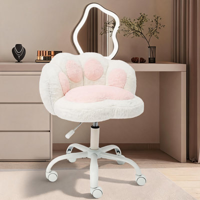 Fauteuil de bureau sans accoudoir avec dossier en forme de patte de chat, petit fauteuil de bureau pivotant à 360 degrés en tissu doux, réglable en hauteur pour le meuble-lavabo, le bureau, la chambre à coucher et la chambre des jeunes, blanc