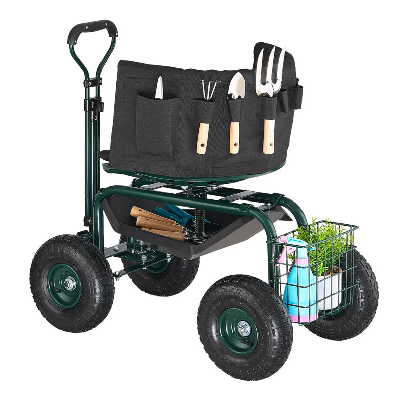 Chariot de jardin roulant avec siège pivotant et poignée extensible